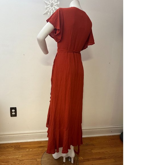 Brick burnt orange long maxi dress cover-up floral embroidered asymmetrical gown - Picture 4 of 5
